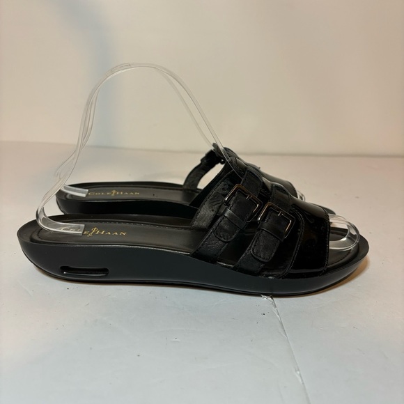 Cole Haan Women Black Cushioned Sandal 7 B Open Toe Wedge Shoe Heel Faux Leather - Picture 1 of 10